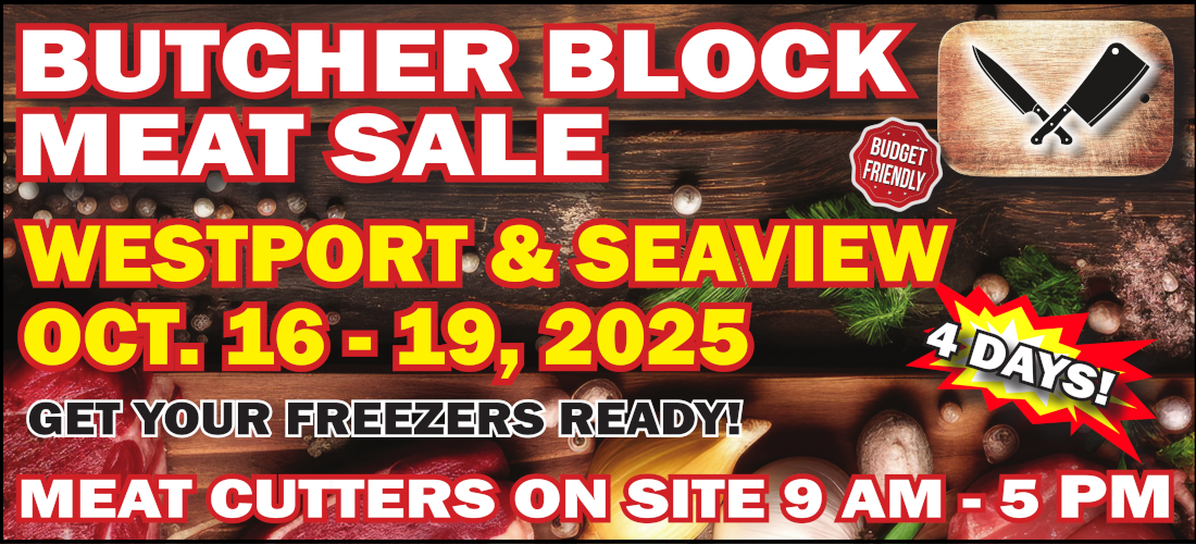 Butcher Block Meat Sale october 16th to october 19th , 4 days, get your freezers ready! Meat cutters on site 9am to 5 pm
